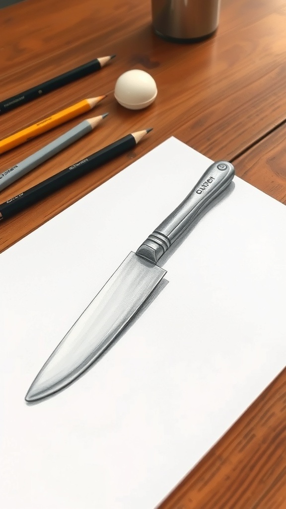 Butter Knife Drawing Techniques A detailed pencil drawing of a butter knife on paper, with art supplies in the background.